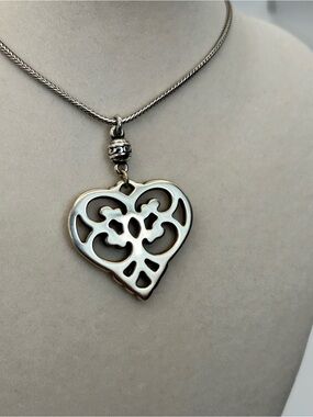 Brighton Geneva Heart Pendant Necklace Silver Plated 19" Retired Open Filigree